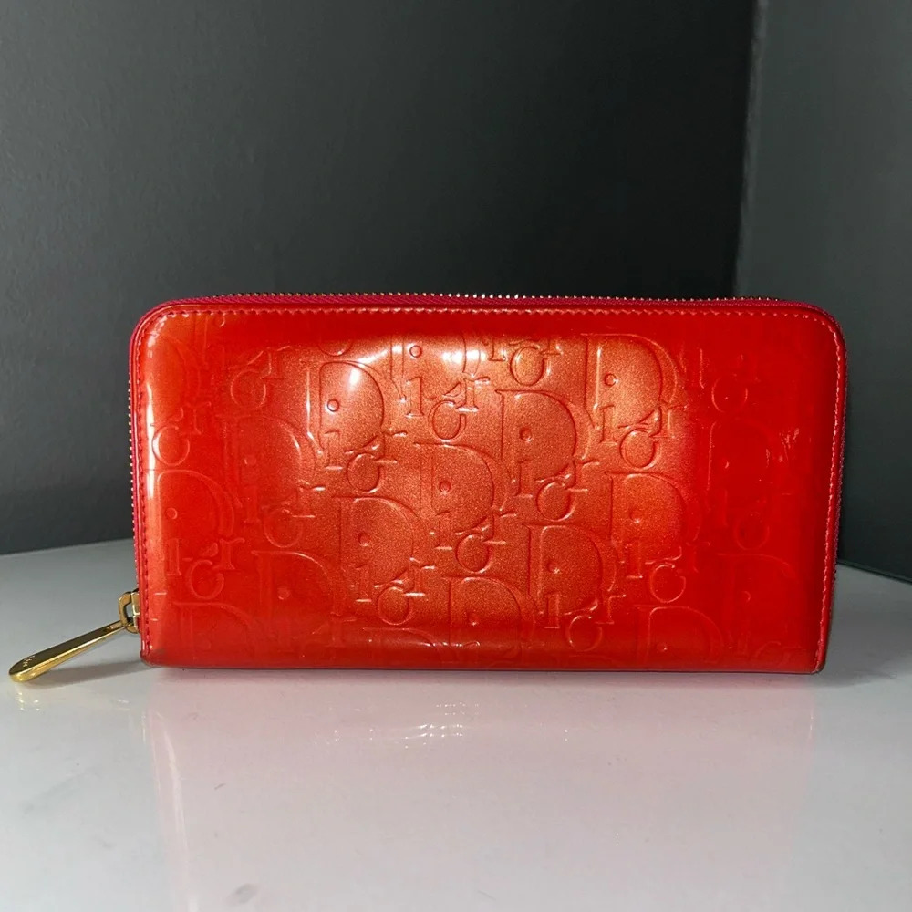 Christian Dior Diorissimo Red Patent Leather Zippy Wallet